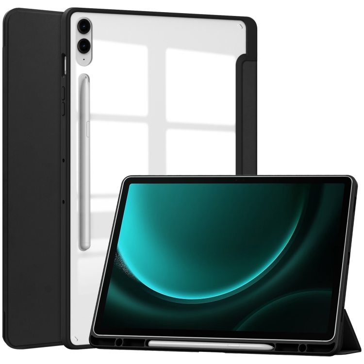 

For Samsung Galaxy Tab S9 FE+ Acrylic 3-folding Smart Leather Tablet Case with Pen Slot(Black)