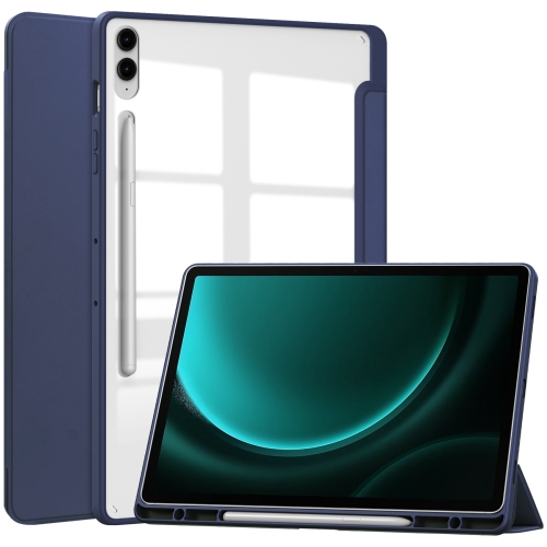 

For Samsung Galaxy Tab S9 FE+ Acrylic 3-folding Smart Leather Tablet Case with Pen Slot(Dark Blue)