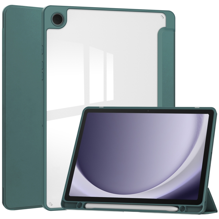 

For Samsung Galaxy Tab A9+ Acrylic 3-folding Smart Leather Tablet Case with Pen Slot(Dark Green)