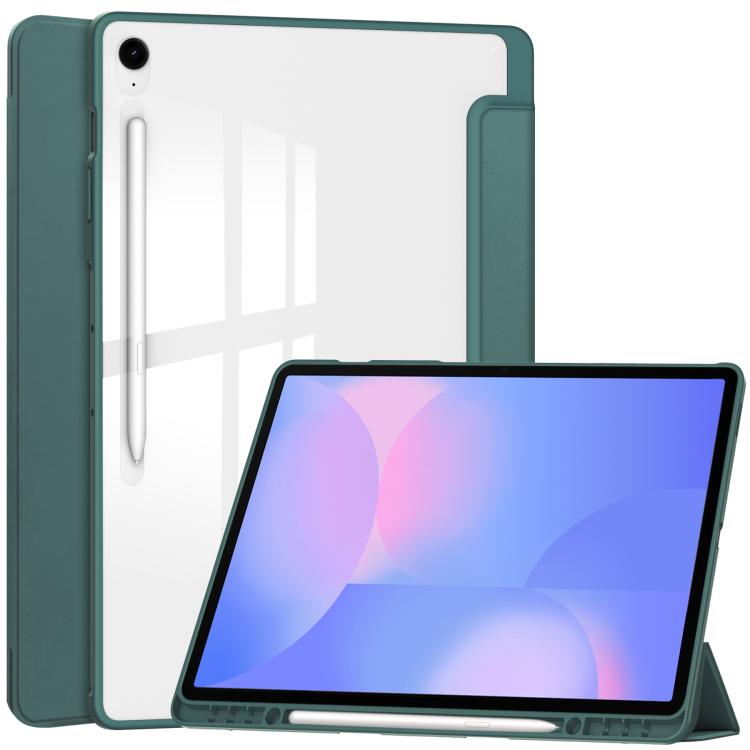 

For Samsung Galaxy Tab S10 FE+ Acrylic 3-folding Smart Leather Tablet Case with Pen Slot(Dark Green)