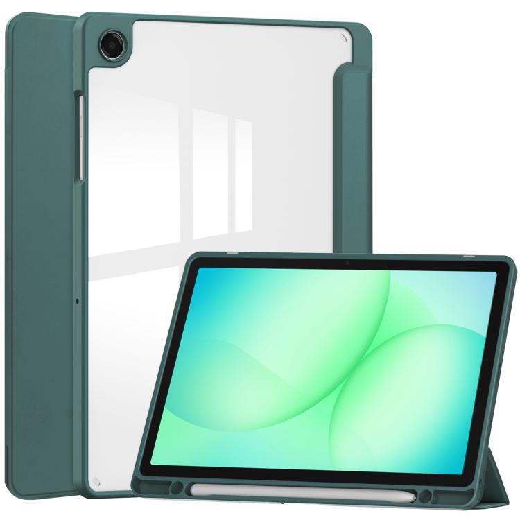 

For Samsung Galaxy Tab A11+ Acrylic 3-folding Smart Leather Tablet Case with Pen Slot(Dark Green)
