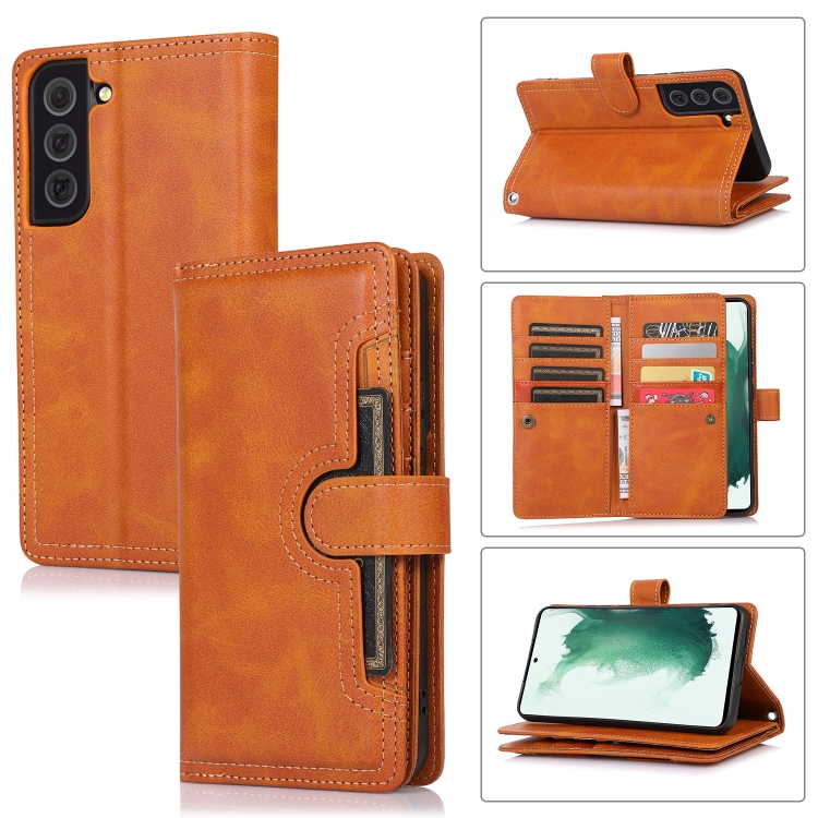 

For Samsung Galaxy S22 5G Wristband Card Slot Leather Phone Case(Brown)