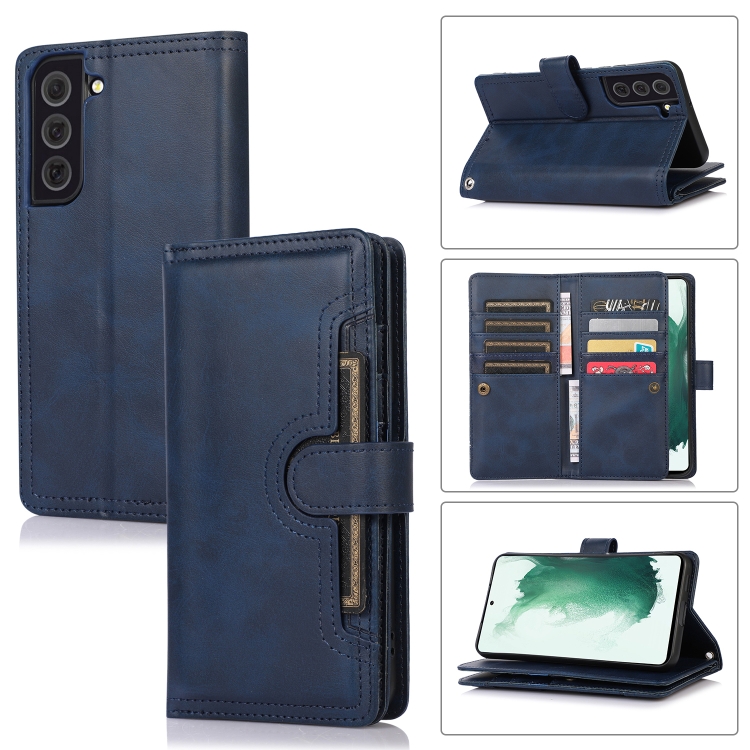 

For Samsung Galaxy S22 5G Wristband Card Slot Leather Phone Case(Blue)