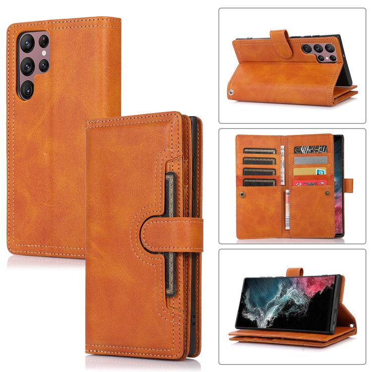 

For Samsung Galaxy S22 Ultra 5G Wristband Card Slot Leather Phone Case(Brown)