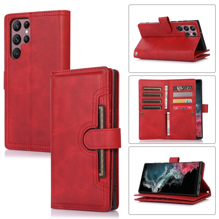 

For Samsung Galaxy S22 Ultra 5G Wristband Card Slot Leather Phone Case(Red)