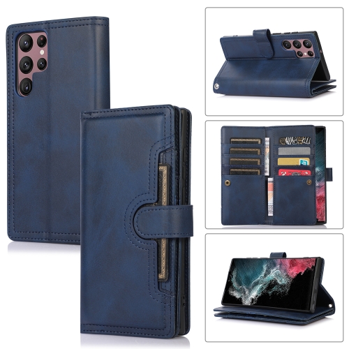 

For Samsung Galaxy S22 Ultra 5G Wristband Card Slot Leather Phone Case(Blue)