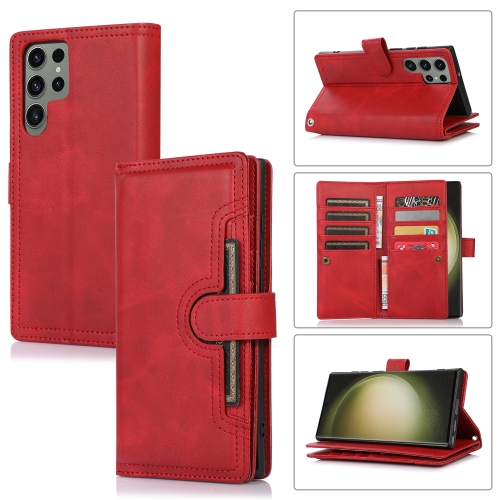 

For Samsung Galaxy S23 Ultra 5G Wristband Card Slot Leather Phone Case(Red)