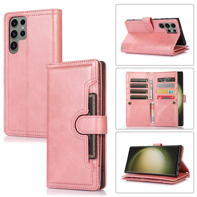 

For Samsung Galaxy S23 Ultra 5G Wristband Card Slot Leather Phone Case(Rose Gold)