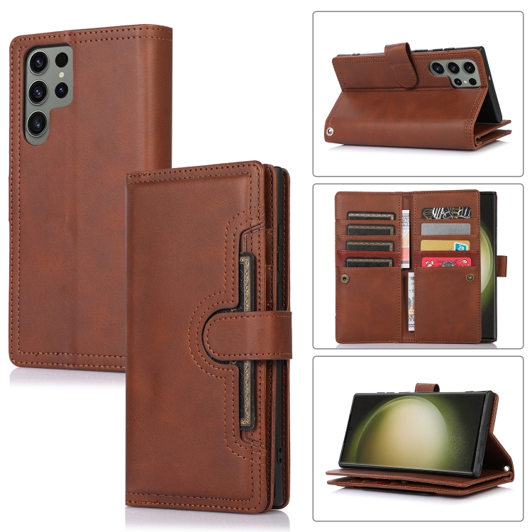 

For Samsung Galaxy S23 Ultra 5G Wristband Card Slot Leather Phone Case(Coffee)