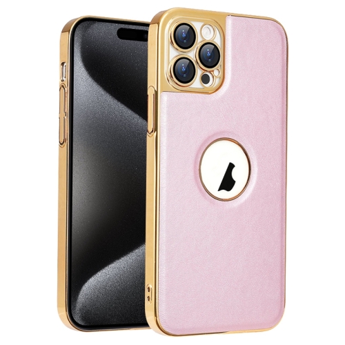 

For iPhone 15 Pro Max Electroplated Leather Texture PU + PC Phone Case(Pink)