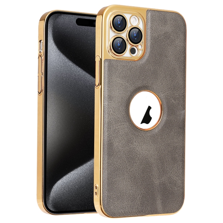 

For iPhone 15 Pro Electroplated Leather Texture PU + PC Phone Case(Grey)