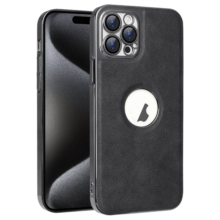 

For iPhone 15 Pro Electroplated Leather Texture PU + PC Phone Case(Black)