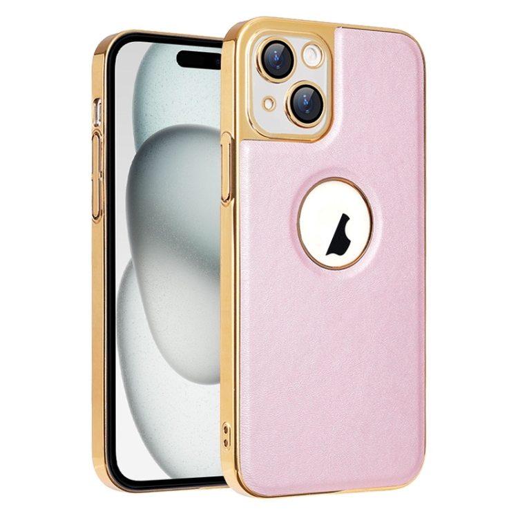 

For iPhone 15 Electroplated Leather Texture PU + PC Phone Case(Pink)