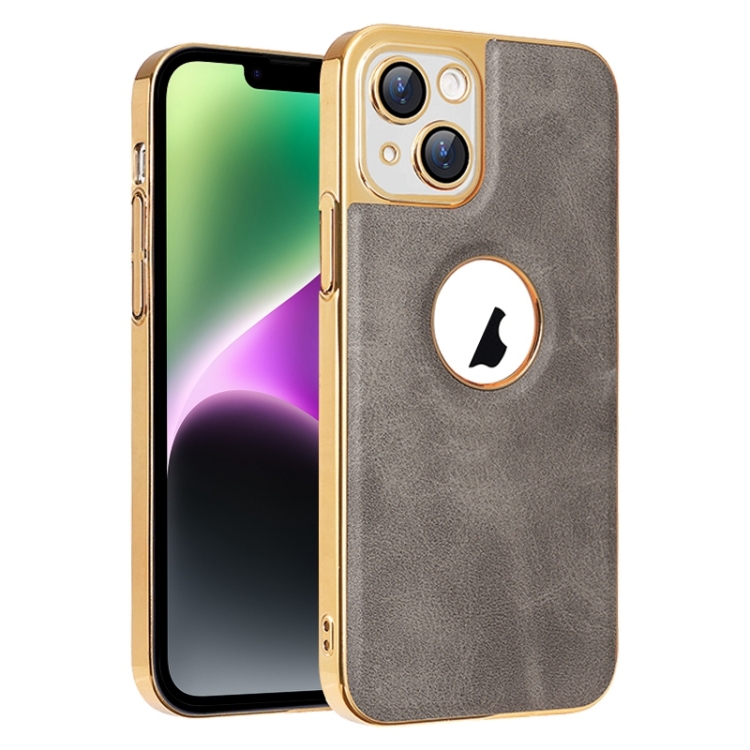 

For iPhone 14 Electroplated Leather Texture PU + PC Phone Case(Grey)