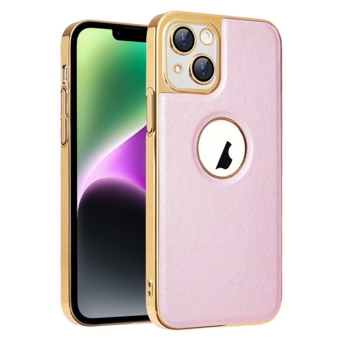 

For iPhone 14 Electroplated Leather Texture PU + PC Phone Case(Pink)