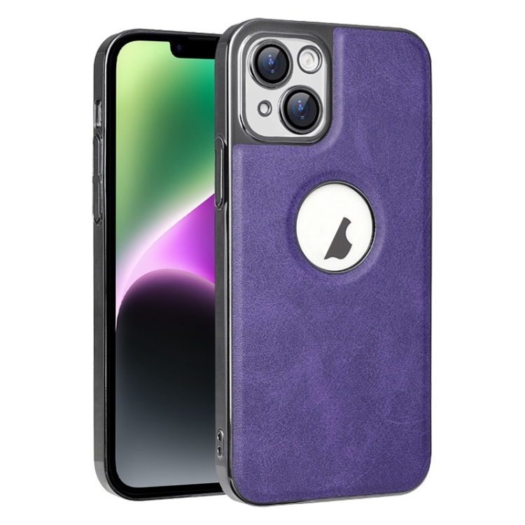 

For iPhone 14 Electroplated Leather Texture PU + PC Phone Case(Purple)