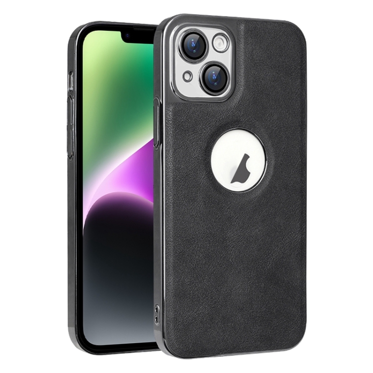 

For iPhone 14 Electroplated Leather Texture PU + PC Phone Case(Black)