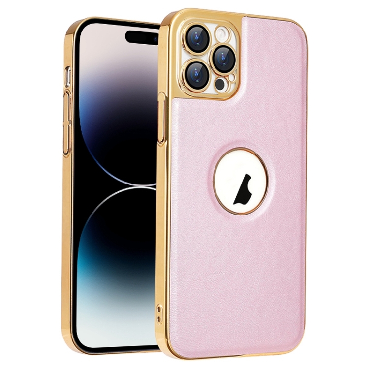 

For iPhone 14 Pro Electroplated Leather Texture PU + PC Phone Case(Pink)