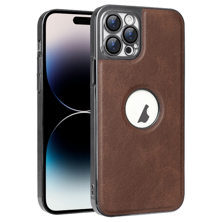 

For iPhone 14 Pro Electroplated Leather Texture PU + PC Phone Case(Brown)