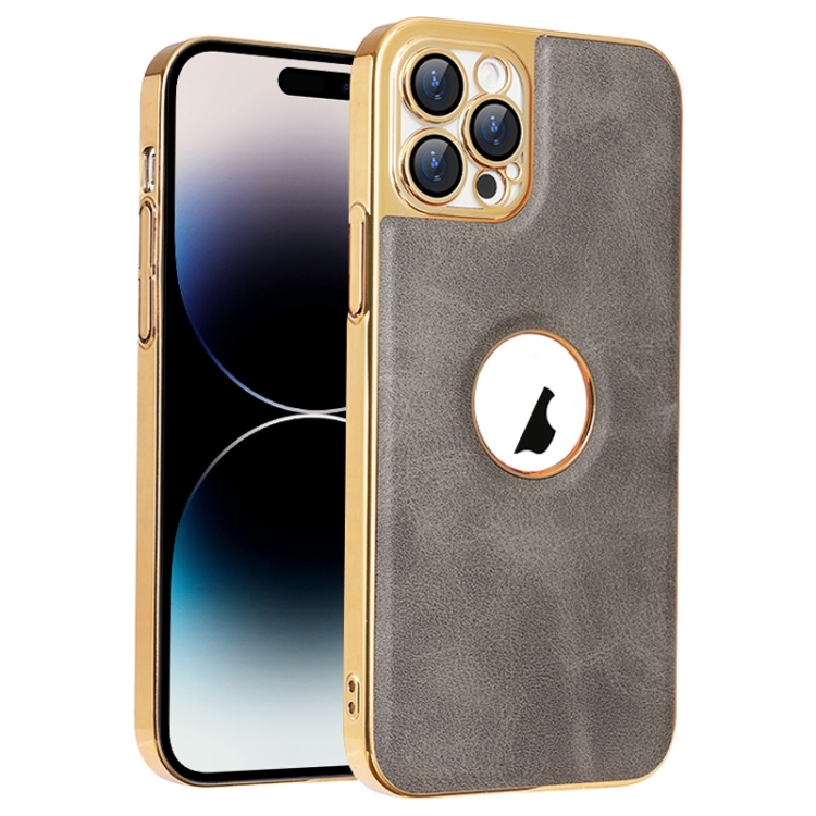 

For iPhone 14 Pro Max Electroplated Leather Texture PU + PC Phone Case(Grey)