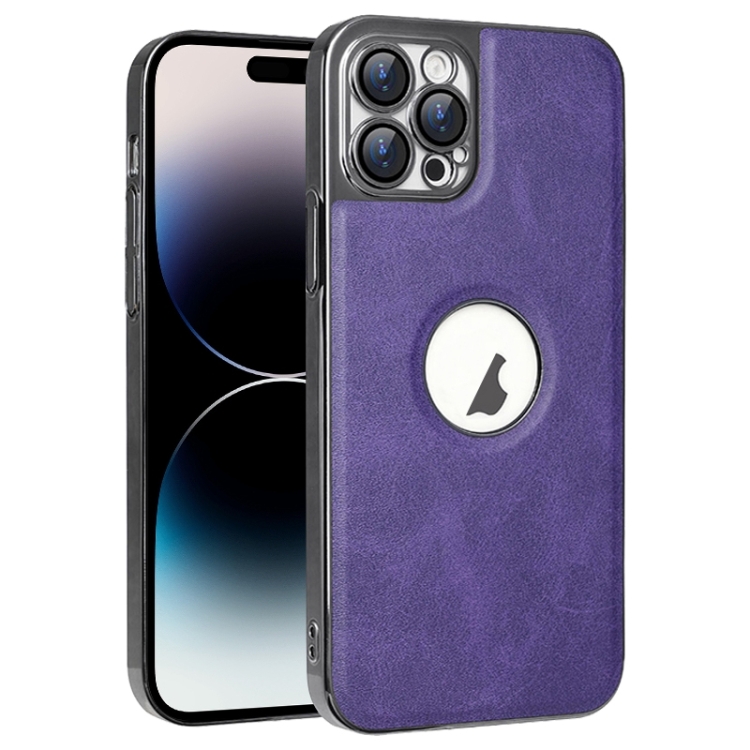 

For iPhone 14 Pro Max Electroplated Leather Texture PU + PC Phone Case(Purple)