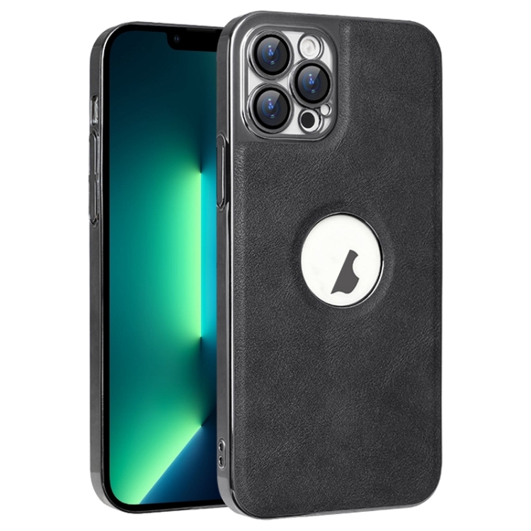 

For iPhone 13 Pro Max Electroplated Leather Texture PU + PC Phone Case(Black)
