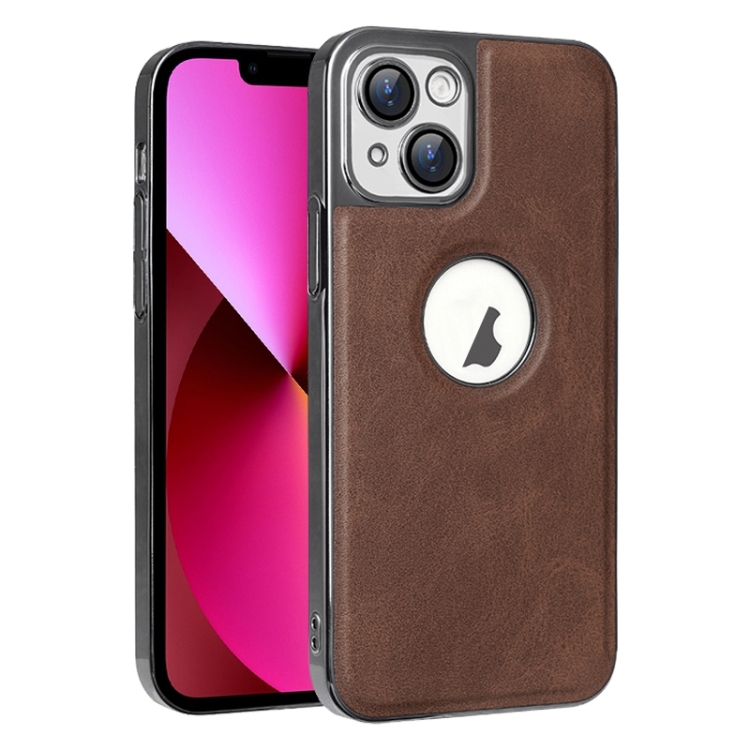 

For iPhone 13 Electroplated Leather Texture PU + PC Phone Case(Brown)