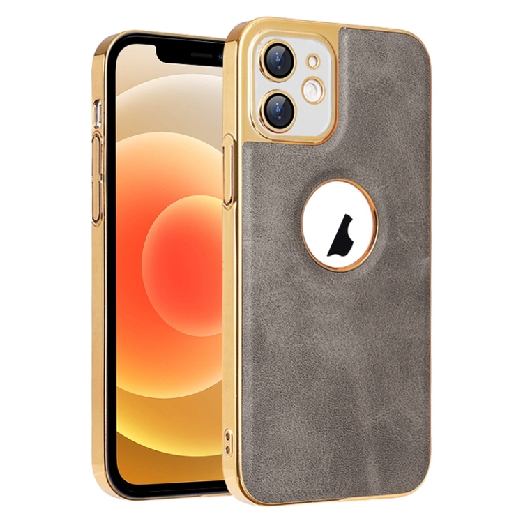 

For iPhone 12 Electroplated Leather Texture PU + PC Phone Case(Grey)