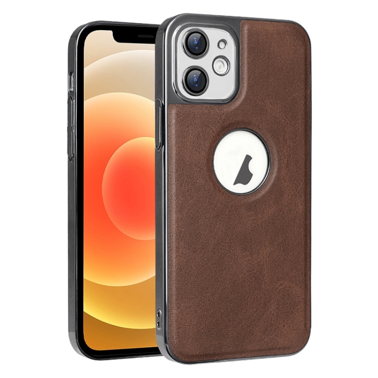 

For iPhone 12 Electroplated Leather Texture PU + PC Phone Case(Brown)