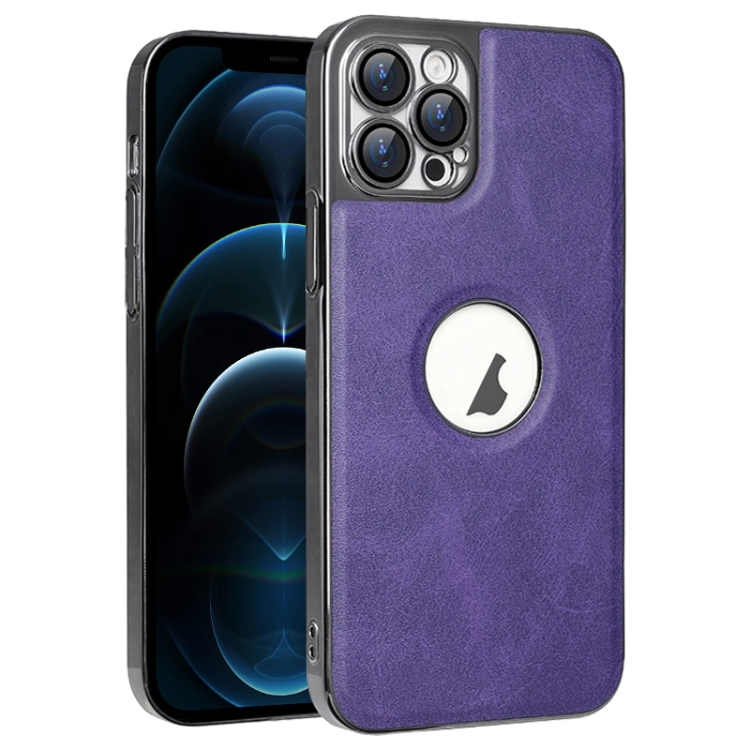 

For iPhone 12 Pro Max Electroplated Leather Texture PU + PC Phone Case(Purple)