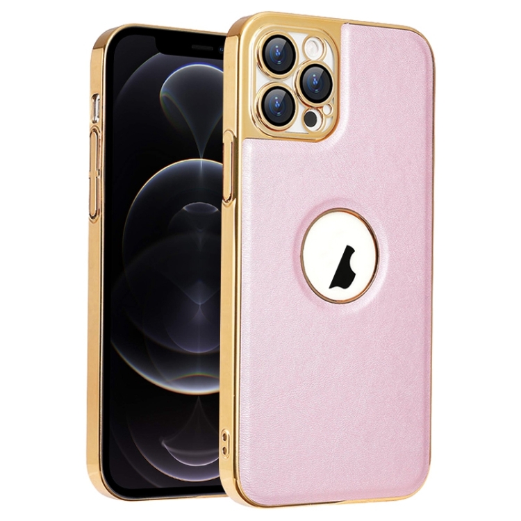 

For iPhone 12 Pro Electroplated Leather Texture PU + PC Phone Case(Pink)