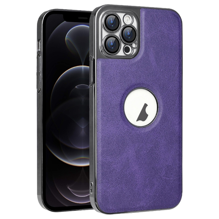 

For iPhone 12 Pro Electroplated Leather Texture PU + PC Phone Case(Purple)