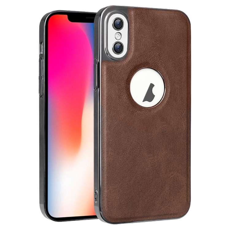 

For iPhone X / XS Electroplated Leather Texture PU + PC Phone Case(Brown)
