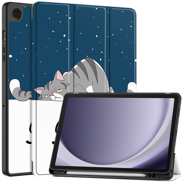

For Samsung Galaxy Tab A9+ Painted 3-folding Holder TPU Smart Leather Tablet Case(Lazy Cat)