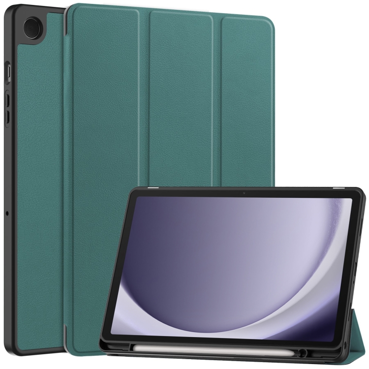 

For Samsung Galaxy Tab A9+ Custer 3-folding Holder TPU Smart Leather Tablet Case(Dark Green)