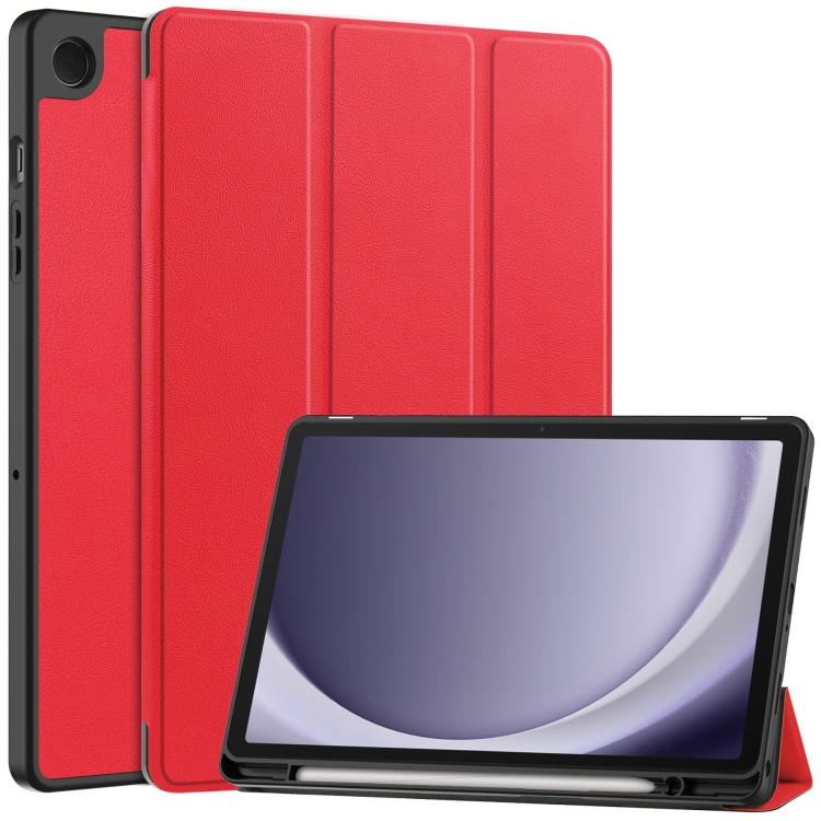 

For Samsung Galaxy Tab A9+ Custer 3-folding Holder TPU Smart Leather Tablet Case(Red)
