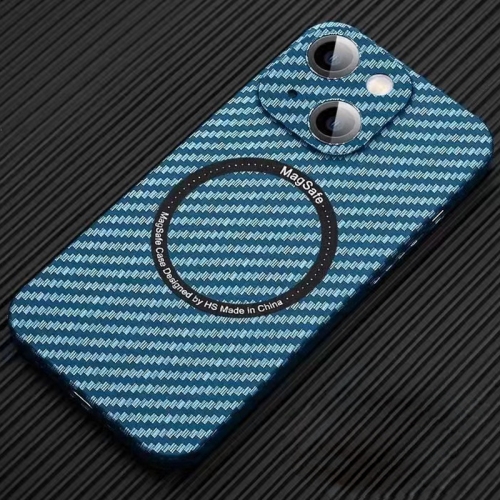 

For iPhone 14 Plus MagSafe Magnetic PC Carbon Fiber Phone Case with Lens Film(Blue)