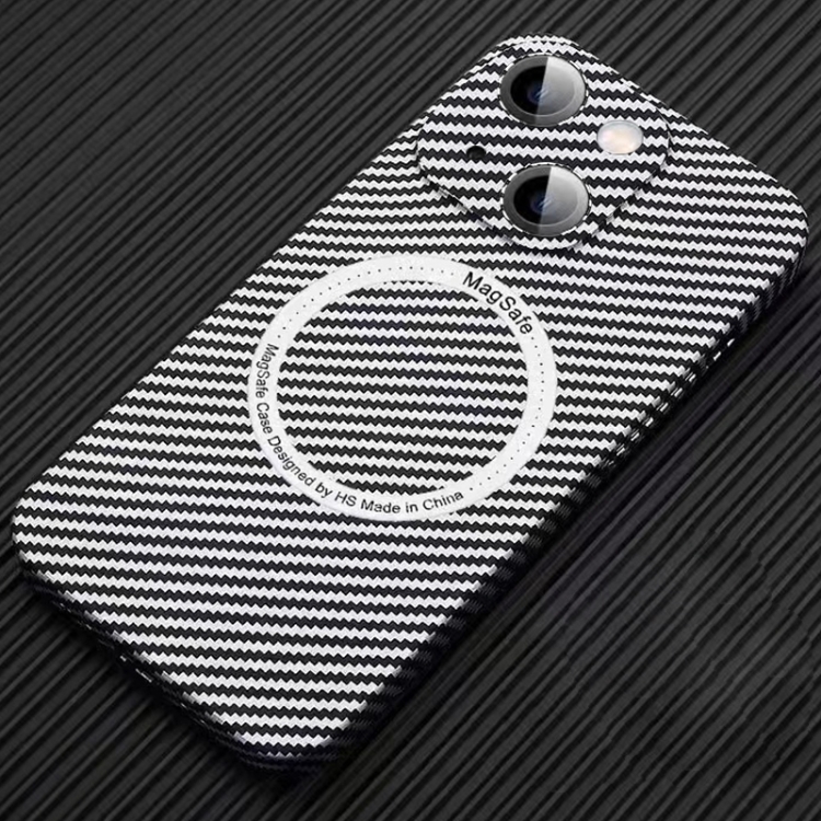 

For iPhone 14 Plus MagSafe Magnetic PC Carbon Fiber Phone Case with Lens Film(Silver White)