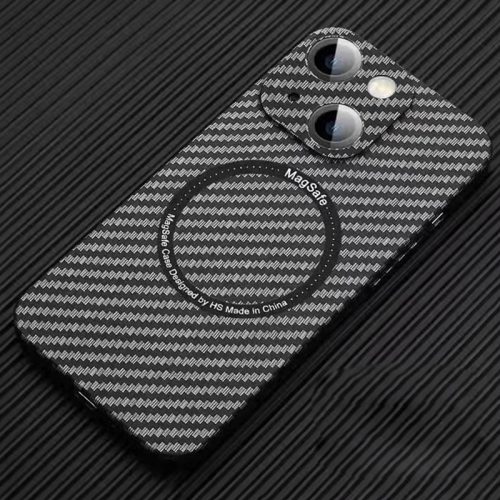 

For iPhone 14 Plus MagSafe Magnetic PC Carbon Fiber Phone Case with Lens Film(Black)