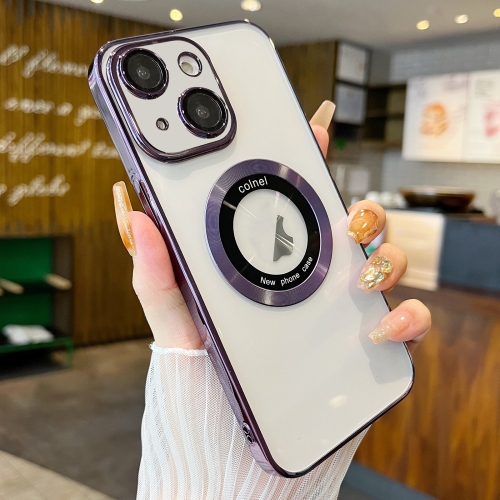 

For iPhone 15 Plus Transparent Electroplated PC MagSafe Phone Case(Purple)