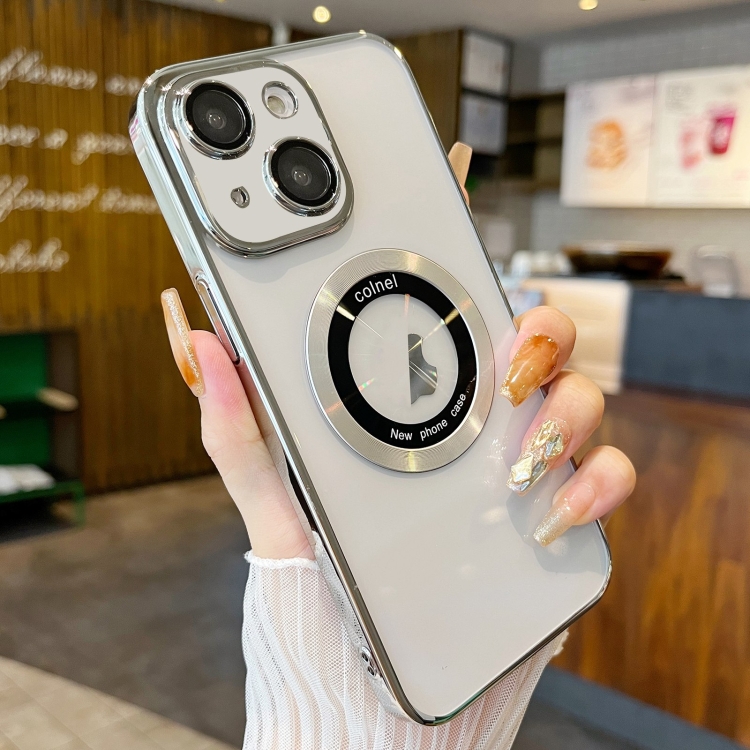 

For iPhone 15 Transparent Electroplated PC MagSafe Phone Case(Silver)