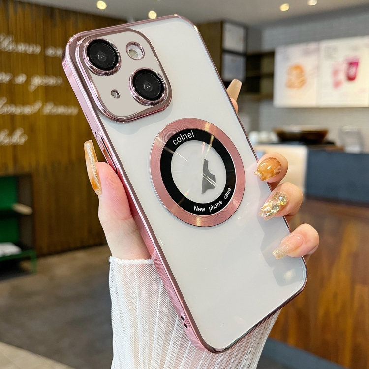 

For iPhone 14 Plus Transparent Electroplated PC MagSafe Phone Case(Pink)