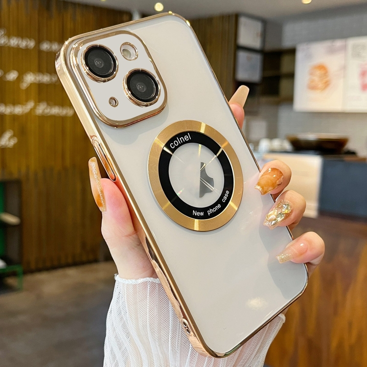 

For iPhone 14 Plus Transparent Electroplated PC MagSafe Phone Case(Gold)