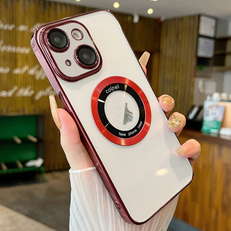 

For iPhone 14 Transparent Electroplated PC MagSafe Phone Case(Wine Red)
