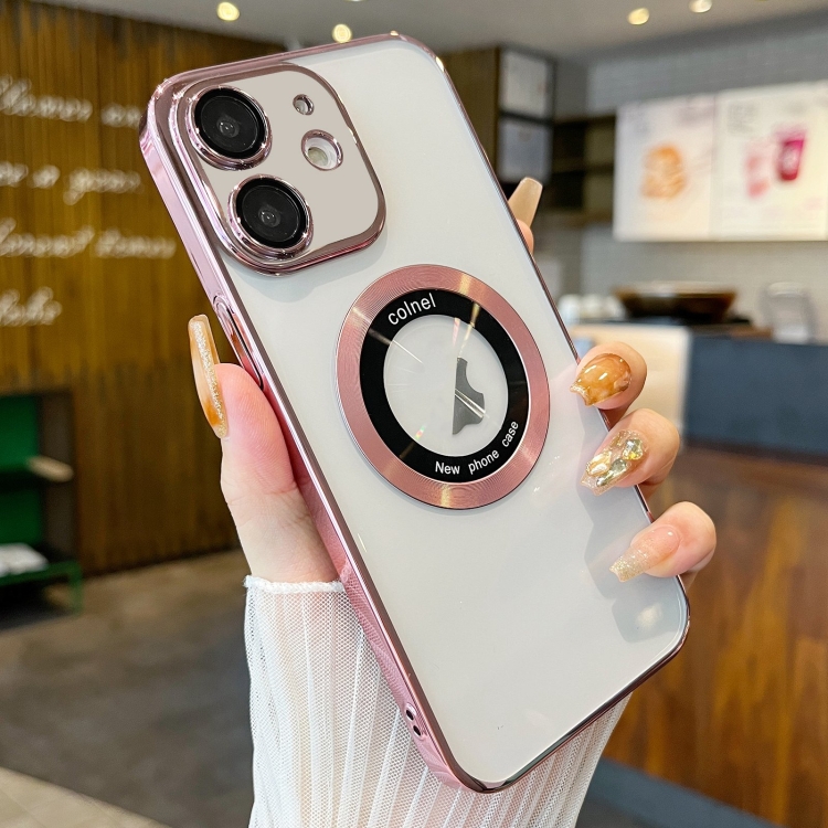 

For iPhone 12 Transparent Electroplated PC MagSafe Phone Case(Pink)