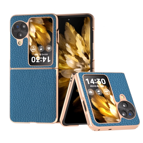 

For OPPO Find N3 Flip Nano Electroplating Genuine Leather Litchi Texture Phone Case(Blue)