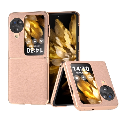 

For OPPO Find N3 Flip Nano Electroplating Genuine Leather + PC Litchi Texture Phone Case(Pink Gold)