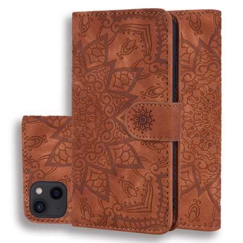 

For iPhone 15 Mandala Embossed Dual-Fold Calf Leather Phone Case(Brown)