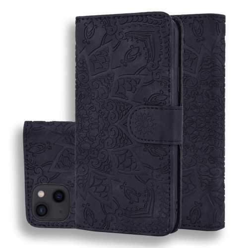 

For iPhone 15 Mandala Embossed Dual-Fold Calf Leather Phone Case(Black)