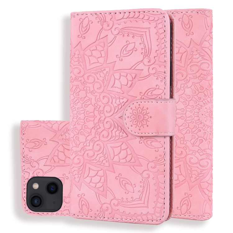 

For iPhone 15 Mandala Embossed Dual-Fold Calf Leather Phone Case(Pink)
